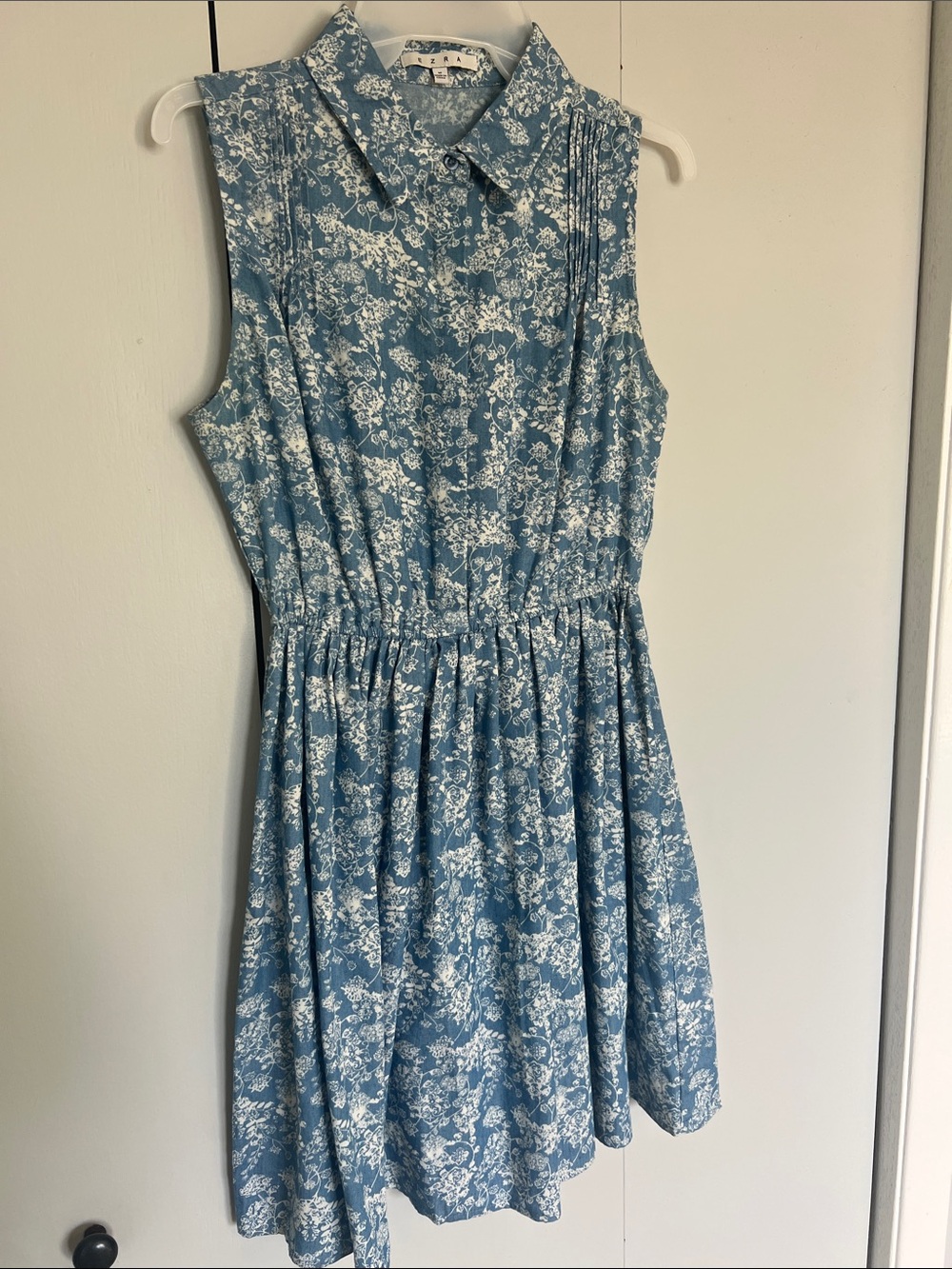 ezra Blue and White Sleeveless Collared Mini Dress
